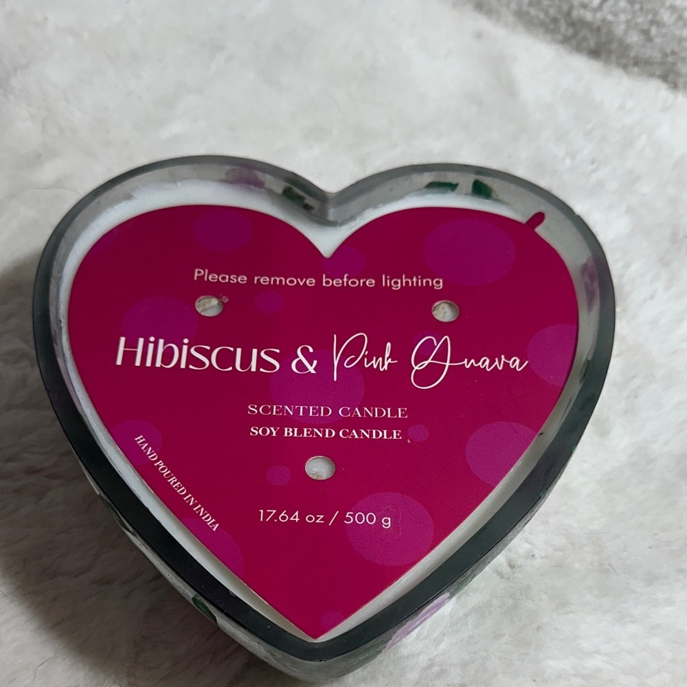 Hibiscus & pink guava heart shaped clear floral glass candle 17.64 ozs